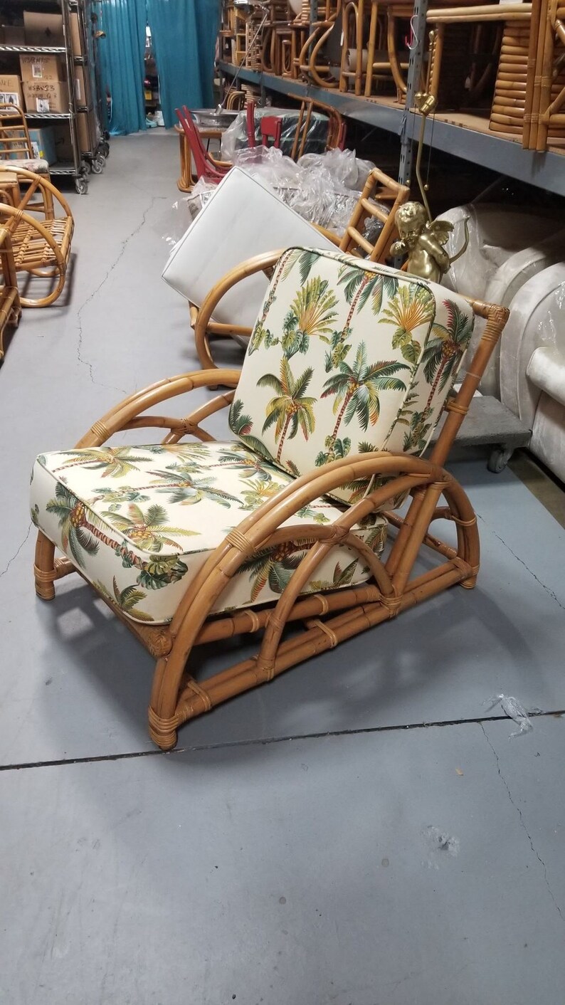 Restored Rattan 2-Strand Half Moon Lounge Chair with Palm Print Cushions zdjęcie 4