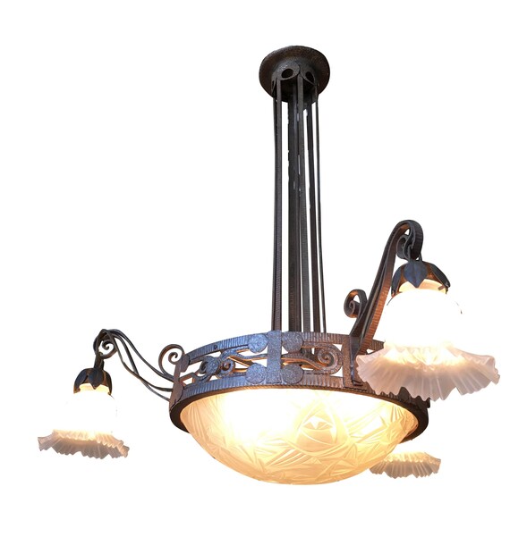 Hand Forged Mission Style Chandelier With Cut Glass Shades Etsy