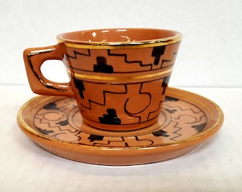 Brena Oaxaca Teacup and Saucer Handpainted Mexico 1950's