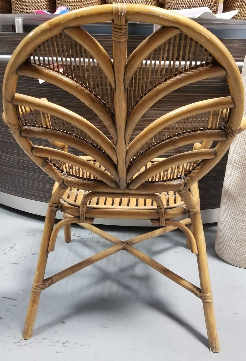 Restored Split Reed Rattan Fan Back Chairs and Glass Top Dining Table image 4