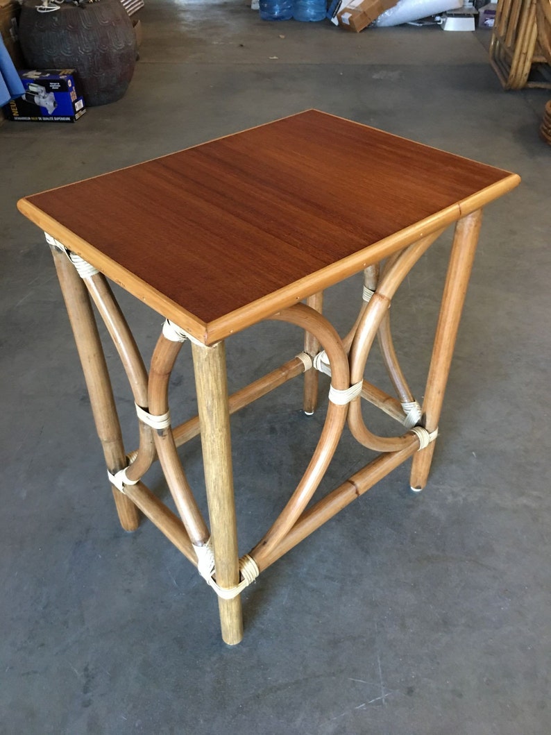 Restored Large 1-Strand Rattan Hour Glass Cocktail Side Table w/ Wood Top image 3