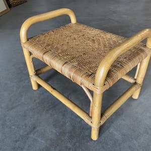 Restored Single Stand Rattan Staple Side Ottoman Stool W Woven Wicker Seat image 2