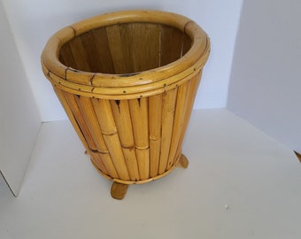 Restored Paul Frankl Vertically Stacked Split Rattan Planter