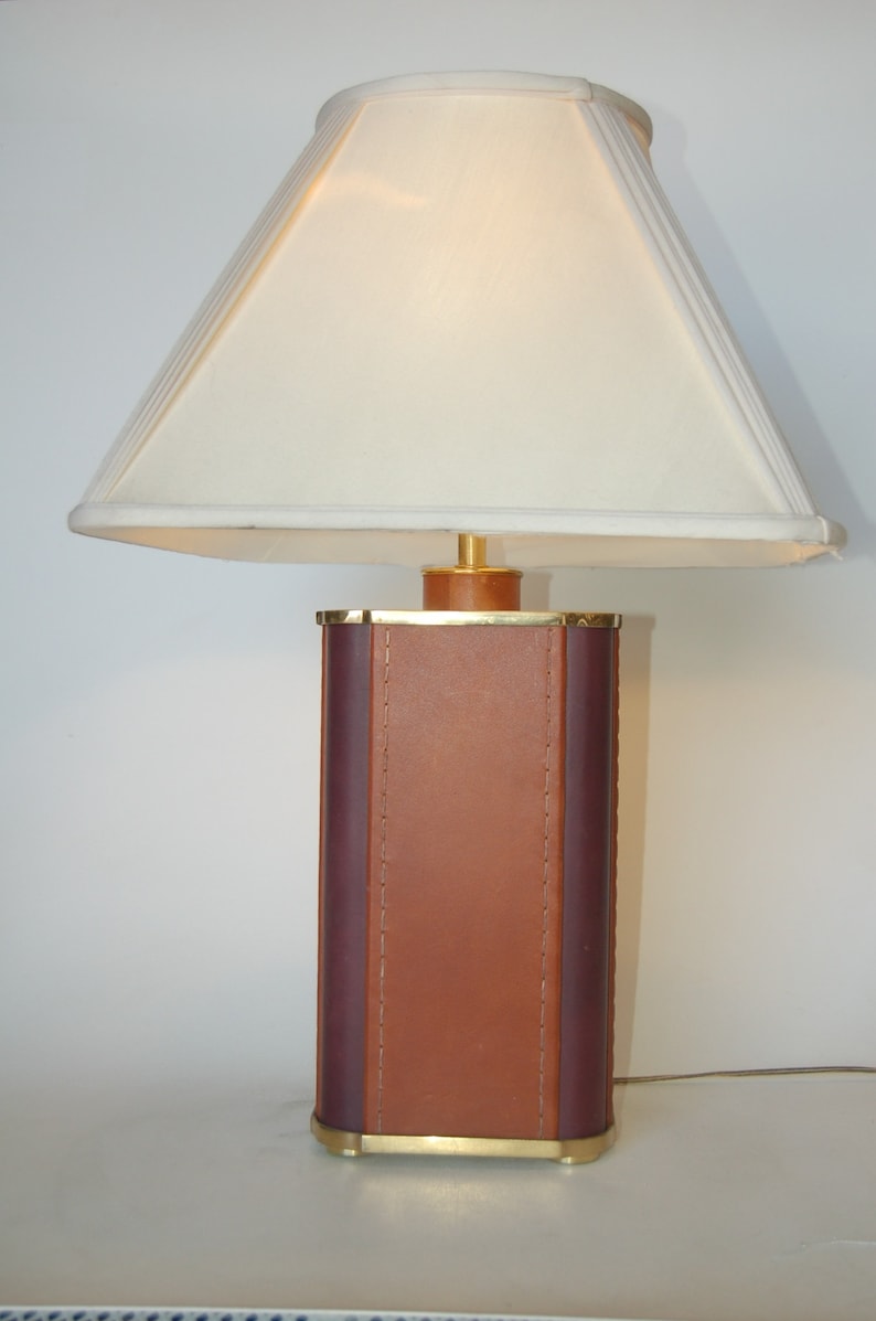 Two-Toned Square Leather Wrapped Table Lamp With Gold Trim image 1