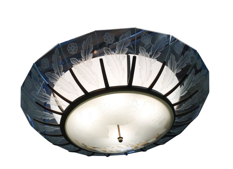 Modernist Tropical Etched Slat Glass Bowl Bronze Chandelier image 2