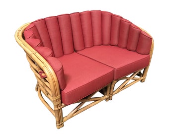 Restored Art Deco Rattan Shell Back Rattan Sectional Loveseat Sofa