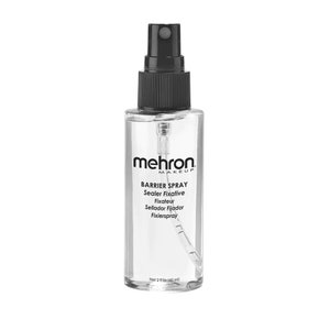 Op de afbeelding: Een doorzichtige plastic fles met Mehron Makeup Barrier Spray, een verzegelingsfixeermiddel voor make-up. De fles bevat 60 ml.
