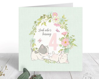 4th Birthday Card for Girl | Cute Birthday Card for Her | Four Year Old | Kittens and Butterflies Birthday Card