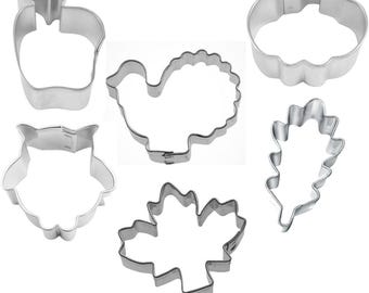 6 Piece Mini Thanksgiving Cookie Cutter Set | Turkey Autumn Leaf Pie Crust Metal