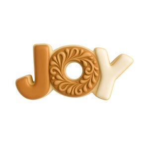 Pu&ograve; includere: Un biscotto a forma della parola "JOY". La lettera "J" &egrave; marrone chiaro, la "O" &egrave; marrone pi&ugrave; scuro con un ornato disegno floreale, e la "Y" &egrave; bianco sporco. Il biscotto &egrave; su sfondo bianco.