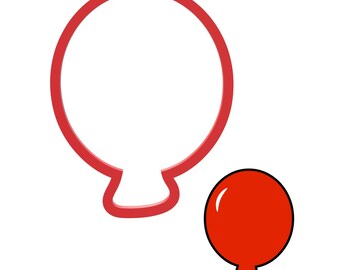 May include: A red balloon-shaped cookie cutter and a solid red balloon illustration. The cookie cutter is a red outline of a balloon shape. The solid balloon illustration is a red circle with a small stem.