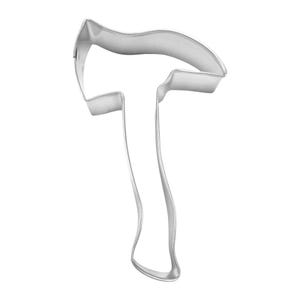 May include: A silver axe-shaped cookie cutter. The cutter features a curved handle and a blade, ideal for themed biscuits. The metal cutter is shown against a white background.