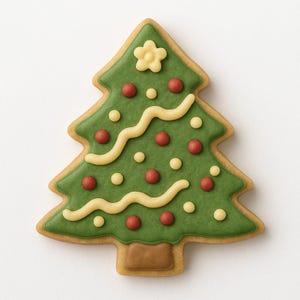 May include: A Christmas tree-shaped cookie decorated with green icing, a brown trunk, and a pale yellow star at the top. The tree features wavy pale yellow icing garlands, small red circular candies, and tiny pale yellow dots as ornaments.