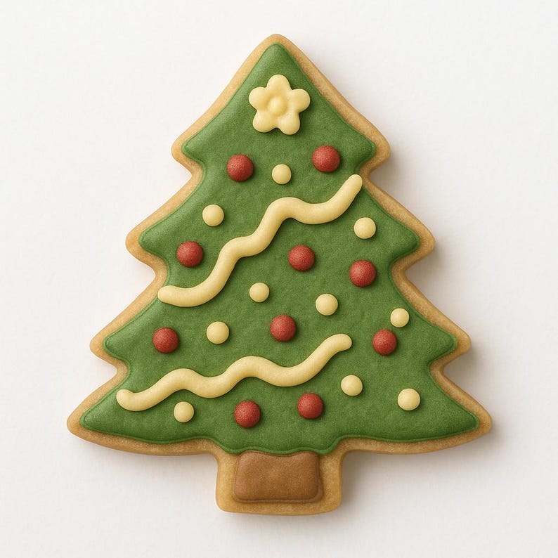 May include: A Christmas tree-shaped cookie decorated with green icing, a brown trunk, and a pale yellow star at the top. The tree features wavy pale yellow icing garlands, small red circular candies, and tiny pale yellow dots as ornaments.