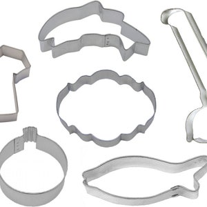 6 Piece Fishing Trout Pole Life Jacket Bobber Salmon Fish Cookie Cutter Set New! Metal | Cookie Cutters
