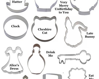 12 Piece Alice in Wonderland Cookie Cutter Set Mad Hatter Tea Cheshire Cat Metal | Cookie Cutters