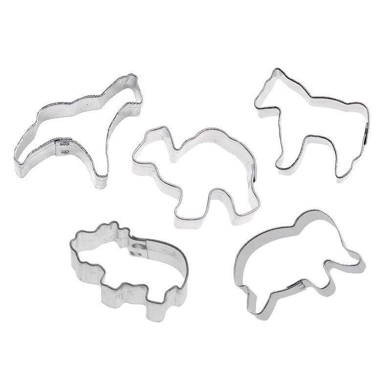 May include: A collection of five stainless steel animal-shaped cookie cutters. The set includes a horse, camel, hippo, and two other animal shapes. These cutters are ideal for creating fun, themed cookies.