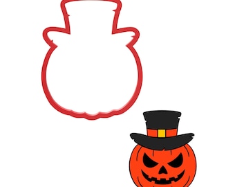 May include: A red plastic cookie cutter shaped like a pumpkin wearing a top hat, positioned next to a colorful illustration of the same design featuring an orange jack-o'-lantern with a black top hat, a yellow band, and a jagged facial expression.