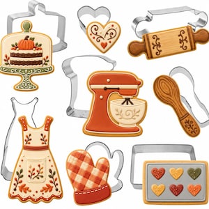 May include: A collection of eight metal cookie cutters paired with matching decorated cookies shaped like a cake stand, heart, rolling pin, apron, stand mixer, wooden spoon, oven mitt, and a baking sheet with six small hearts.
