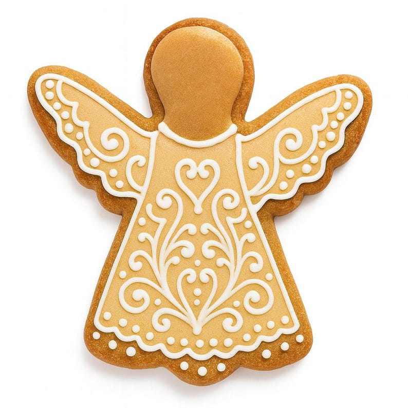 May include: A light brown gingerbread cookie shaped like an angel, decorated with intricate white icing patterns. The design features swirling filigree, small dots, and a heart shape on the torso, with scalloped edges along the wings and base.
