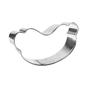 May include: A shiny, silver-colored cookie cutter in the shape of a hot dog. The cutter is made of metal and has a smooth, curved design. The hot dog shape is perfect for making themed cookies.