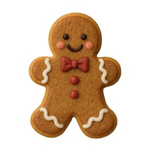 May include: A gingerbread cookie shaped like a person with a textured brown surface. It features a dark brown smile, two black eyes, pink cheeks, a red bow tie, two red buttons on the torso, and white wavy icing lines on the arms and legs.