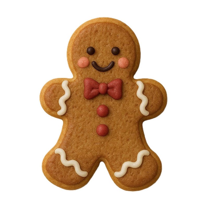 May include: A gingerbread cookie shaped like a person with a textured brown surface. It features a dark brown smile, two black eyes, pink cheeks, a red bow tie, two red buttons on the torso, and white wavy icing lines on the arms and legs.