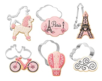 6 Piece French Paris Cookie Cutter Set | Eiffel Tower, Bicycle, Poodle