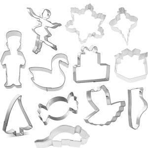 May include: A set of 12 metal cookie cutters featuring various Christmas-themed designs, including a snowflake, a nutcracker, a swan, a ballerina, a candy cane, a Christmas tree, a present, a castle, a stocking, and a mouse.