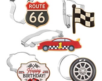 5 Piece Hwy Route 66 Race Car Flag Cookie Cutter Set Metal