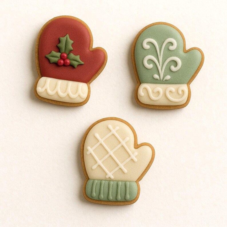 May include: Three mitten-shaped sugar cookies decorated with icing. One is red with a green holly sprig, one is sage green with white scrollwork, and one is cream-colored with a white grid pattern and a sage green ribbed cuff detail.