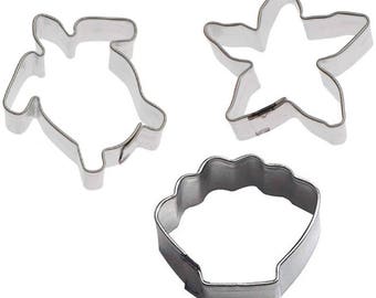 3 Piece MINI Sea Turtle Seashell Starfish Cookie Cutter Set Cupcake Cookie Toppers Metal | Cookie Cutters