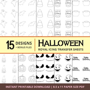 May include: A collection of 15 Halloween royal icing transfer sheets featuring black and white line art patterns of ghosts, bats, candy corn, Frankenstein faces, cauldrons, pumpkins, gnomes, and Happy Halloween text on 21.6 x 27.9 cm paper.