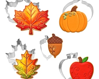 5 Piece Autumn Cookie Cutter Set | Maple Leaf, Acorn, Pumpkin, Apple