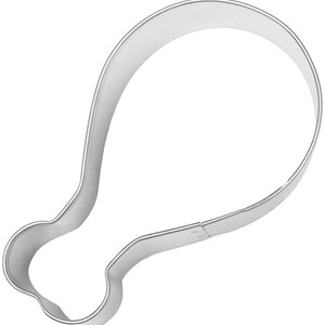 May include: A shiny, silver-colored metal cookie cutter in the shape of a chicken drumstick. The cutter has a smooth, rounded design, perfect for creating themed cookies or pastries.