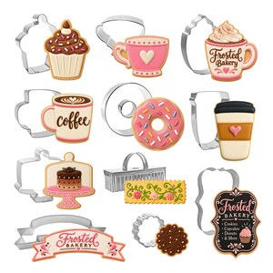 May include: A collection of metal cookie cutters paired with matching decorated cookies featuring bakery themes including a cupcake, teacup, coffee mug, donut, cake on a stand, and signs with text reading Frosted Bakery and Cookies Cupcakes Donuts & More.