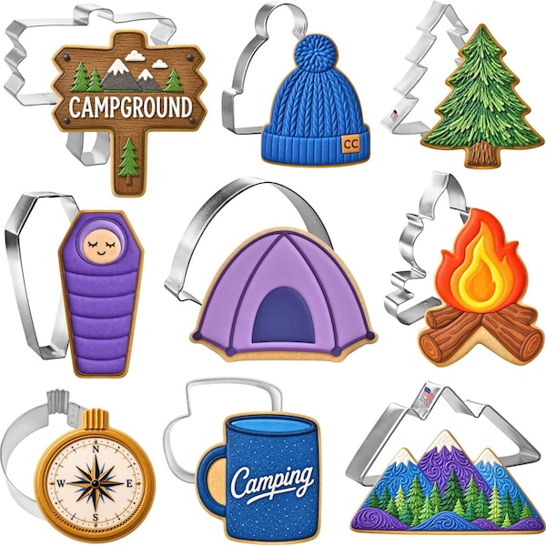 9 Piece Camping Cookie Cutter Set | Outdoor Tent Mountain Campfire | Birthday Party | Cookie Cutters