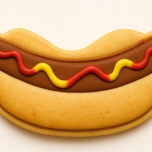 May include: A cartoon-style hot dog with a brown sausage, yellow mustard, and red ketchup on a light yellow bun. The image is a close-up shot of the hot dog, with a plain background.