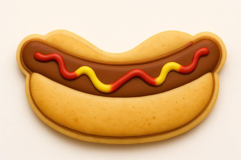 May include: A cartoon-style hot dog with a brown sausage, yellow mustard, and red ketchup on a light yellow bun. The image is a close-up shot of the hot dog, with a plain background.