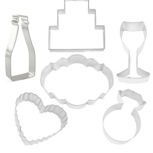6 Piece Wedding Cookie Cutter Set Cake Ring Glass Champagne Heart Metal | Cookie Cutters