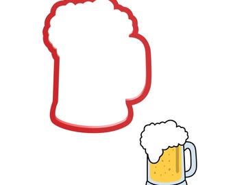 May include: A red outline of a beer mug cookie cutter beside a cartoon illustration of a beer mug filled with yellow beer and white foam. The mug has a blue base and a handle.