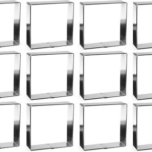 May include: Set of twelve silver square cookie cutters. The cutters are made of metal and have a smooth, polished finish.
