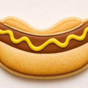 May include: A hot dog-shaped cookie with a brown 'sausage' and yellow 'mustard' on a light-colored bun. The cookie is a baked treat, likely for a party or celebration. The design is a playful take on a classic American food.