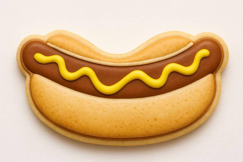 May include: A hot dog-shaped cookie with a brown 'sausage' and yellow 'mustard' on a light-colored bun. The cookie is a baked treat, likely for a party or celebration. The design is a playful take on a classic American food.