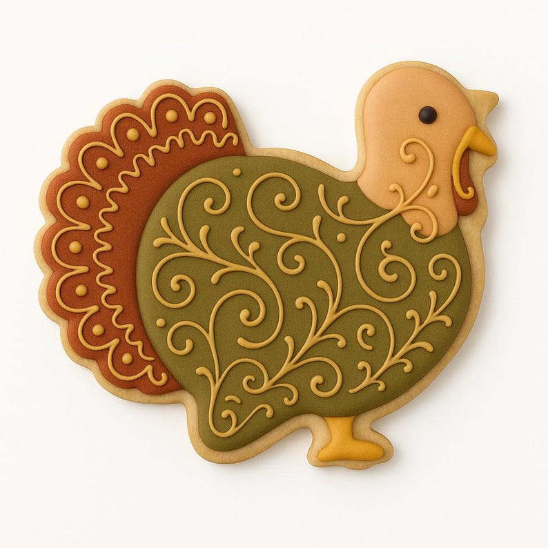 Puede incluir: Una galleta decorada con forma de pavo con un dise&ntilde;o detallado. La galleta presenta una cola marr&oacute;n, un cuerpo verde con remolinos dorados y una cabeza beige con un ojo negro. Un dulce festivo.