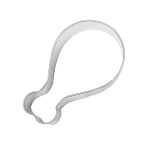May include: A shiny, silver-colored metal cookie cutter in the shape of a chicken drumstick. The cutter has a smooth, rounded design, perfect for creating themed cookies or pastries. The cutter is on a white background.