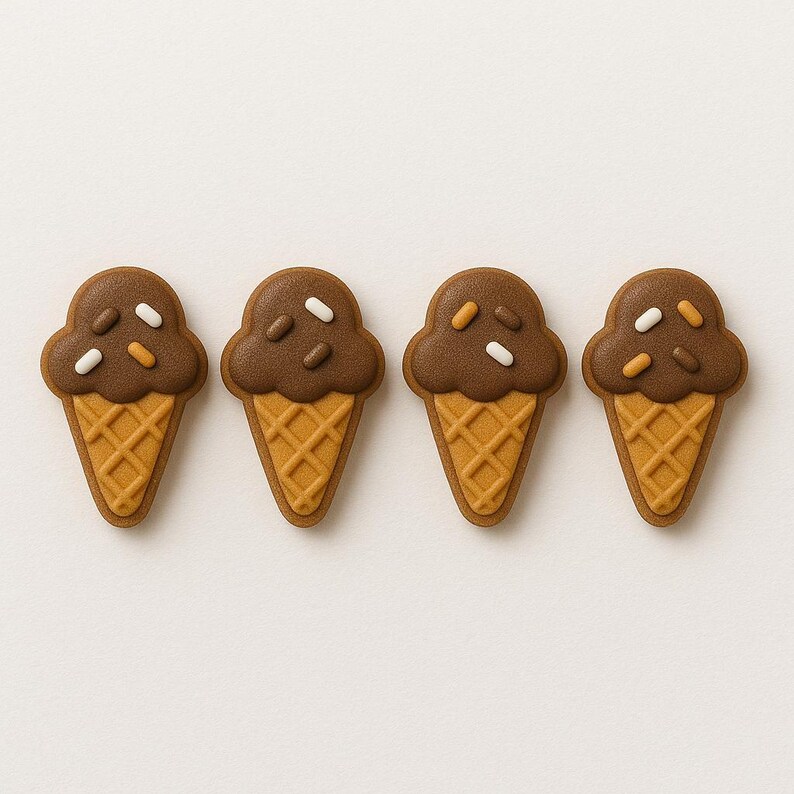 May include: Four ice cream cone-shaped cookies with chocolate frosting and sprinkles. The cones are a light brown color, and the frosting is dark brown. The sprinkles are white and orange. The cookies are arranged in a row on a white background.