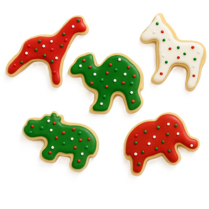 May include: Five animal-shaped cookies with colorful icing. The cookies include a red dinosaur, a green camel, a white horse, a green hippo, and a red elephant. Each cookie is decorated with red, white, and green sprinkles.