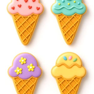 May include: Four colorful ice cream cone cookies. The cones are a waffle pattern. The ice cream scoops are pink with red hearts, teal with white dots, purple with yellow flowers, and yellow with sprinkles.