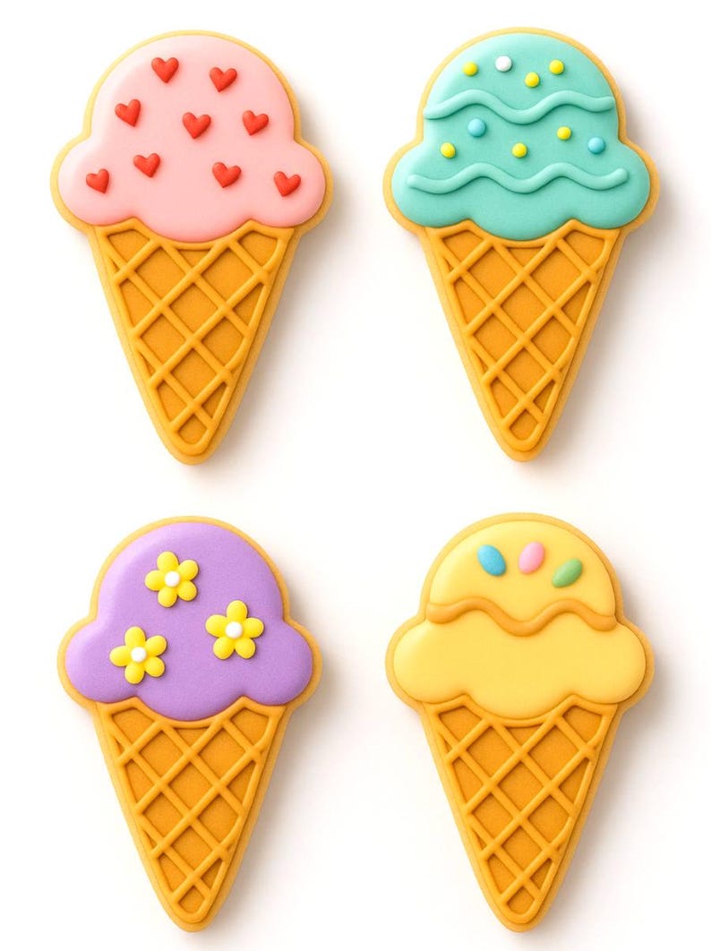 May include: Four colorful ice cream cone cookies. The cones are a waffle pattern. The ice cream scoops are pink with red hearts, teal with white dots, purple with yellow flowers, and yellow with sprinkles.